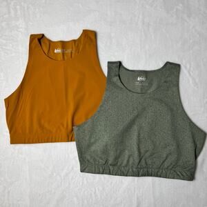 Lot 2 REI Co-op SportsBra Large Green Mustard Wireless Stretch Activewear Womens